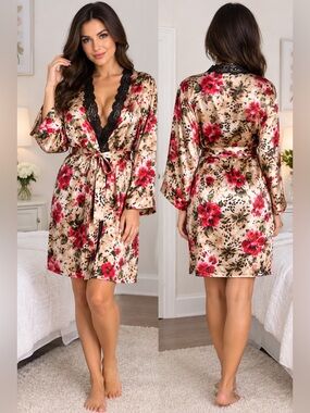 Linea Donatella Satin Robe with Floral and Lace Accents
